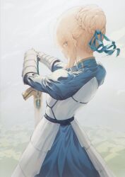 Rule 34 | 1girl, absurdres, ahoge, armor, armored dress, armored gloves, artoria pendragon (fate), blonde hair, blue dress, blue ribbon, braid, braided bun, dress, excalibur (fate/stay night), eyebrows hidden by hair, eyes visible through hair, fate/grand order, fate/stay night, fate/zero, fate (series), green eyes, grey background, hair bun, hair ribbon, highres, holding, holding sword, holding weapon, long bangs, looking at viewer, looking back, ribbon, roon (ddeer2010), saber (fate), solo, standing, sword, turtleneck, turtleneck dress, weapon, white background