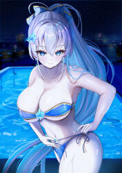 1girl absurdres bikini blue_bikini blue_eyes bow breasts building character_request city cleavage collarbone commission hair_bow hair_ornament high_ponytail highres large_breasts leaning_forward long_hair looking_at_viewer mito_soosu nail_polish navel night night_sky ponytail pool shiny_skin side-tie_bikini_bottom skeb_commission sky smile solo standing swimsuit very_long_hair virtual_youtuber white_hair