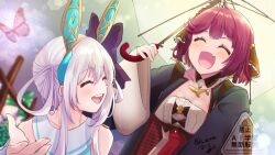Rule 34 | 2girls, ^ ^, animal ears, arm up, atelier (series), atelier sophie, blurry, blurry background, bug, butterfly, closed eyes, commentary, fake animal ears, fang, hair between eyes, hair rings, holding, holding umbrella, insect, multiple girls, open mouth, plachta, rabbit ears, red hair, sidelocks, skin fang, smile, snowstar, sophie neuenmuller, standing, teeth, umbrella, upper teeth only, watermark, white hair
