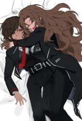 2girls belt black_belt black_jacket black_pants brown_eyes brown_hair closed_eyes collared_shirt dark-skinned_female dark_skin highres hug jacket limbus_company lipstick_mark lipstick_mark_on_face long_hair lying multiple_girls necktie on_side open_mouth outis_(project_moon) pants parted_bangs parted_lips project_moon red_necktie rodion_(project_moon) shirt short_hair smile very_long_hair white_shirt yippee yuri