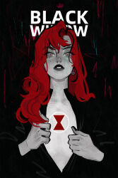 1girl artist_name avengers_(series) black_bodysuit black_widow bodysuit character_name chest_tattoo cyberpumpkinpie earrings fingernails hair_between_eyes hands_up highres jewelry lips long_hair looking_at_viewer marvel nail_polish natasha_romanoff open_bodysuit open_clothes partially_colored red_hair red_pupils simple_background solo superhero_costume tattoo teeth upper_body wavy_hair