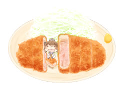 10s 1girl =_= bad_id bad_pixiv_id blush brown_hair chibi croquette dress drooling female_focus food food_focus foodgasm fork hair_ornament happy headgear hinata_yuu holding holding_fork in_food kantai_collection long_hair long_sleeves mini_person minigirl neckerchief open_mouth oversized_object plate round_teeth sailor_dress saliva school_uniform serafuku short_hair sitting smile solo teeth white_background yukikaze_(kancolle)