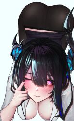 1girl absurdres ass asymmetrical_horns black_hair black_nails black_pantyhose blue_hair blush breasts cleavage closed_mouth covered_erect_nipples crystal_horns hair_between_eyes hand_up highres hololive hololive_english horns index_finger_raised long_hair long_sleeves looking_at_viewer medium_breasts mole mole_under_eye multicolored_hair nail_polish nerissa_ravencroft one_eye_closed open_clothes open_shirt pantyhose peeing peeing_on_viewer pink_eyes shirt sidelocks simple_background soju_ice solo_focus streaked_hair uneven_horns virtual_youtuber white_background white_shirt