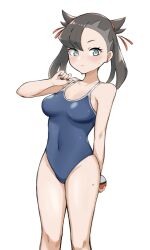 Rule 34 | 1girl, absurdres, aqua eyes, bare shoulders, black hair, black nails, blue one-piece swimsuit, blush, breasts, covered navel, groin, highres, holding, holding poke ball, long hair, looking at viewer, marnie (pokemon), medium breasts, nintendo, one-piece swimsuit, poke ball, pokemon, pokemon swsh, simple background, solo, swimsuit, tsuneshima, twintails, wet, white background