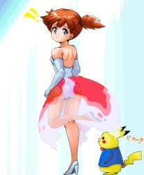 1girl ass asymmetrical_hair back bare_shoulders blue_eyes blue_gloves blue_leotard blush breasts brown_hair clothed_pokemon cosplay creatures_(company) elbow_gloves from_behind game_freak gen_1_pokemon gloves goldeen goldeen_(cosplay) gym_leader high_heels legs leotard looking_at_viewer looking_back misty_(pokemon) nintendo orange_hair pikachu pokemon pokemon_(anime) pokemon_(classic_anime) pokemon_ep043 ponytail rf_(aruehu) shoes short_hair side_ponytail smile solo standing standing_on_one_leg strapless thighs