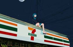 1girl 7-eleven absurdres ahoge aqua_hair aqua_necktie aqua_skirt blindfold blunt_ends bob_cut full_moon geta highres kishin moon necktie night on_roof original pleated_skirt power_lines scenery shoes single_shoe sitting skirt sky solo star_(sky) wide_shot