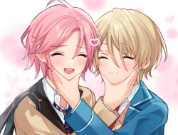 2boys :3 blonde_hair blue_jacket blush brown_jacket closed_eyes ensemble_stars! hair_between_eyes hand_on_another&#039;s_face heart jacket looking_at_viewer male_focus multiple_boys open_mouth oukawa_kohaku pink_hair school_uniform shiratori_aira_(ensemble_stars!) shisokonbu short_hair simple_background smile teeth upper_body upper_teeth_only white_background