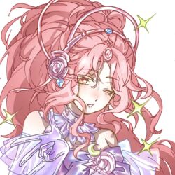 1girl artist_request bare_shoulders bow bowtie brown_eyes chinese_commentary choker circlet collar colored_eyelashes commentary_request commission crescent detached_sleeves dress frilled_collar frilled_sleeves frills gloves headphones high_ponytail highres infinity_nikki light_blush long_hair looking_at_viewer nikki_(nikki) nikki_(series) official_alternate_color parted_bangs parted_lips pink_hair ponytail purple_bow purple_bowtie purple_choker purple_gloves second-party_source short-sleeved_sweater short_sleeves sidelocks simple_background solo sparkle strapless strapless_dress sweater upper_body v very_long_hair wavy_hair white_background