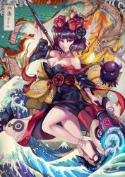 Rule 34 | 1girl, absurdres, bare shoulders, blue eyes, breasts, caiman pool, cleavage, commentary, dragon, fate/grand order, fate (series), floral print, floral print kimono, flower, grin, hair bun, hair flower, hair ornament, highres, japanese clothes, katsushika hokusai (fate), katsushika hokusai (second ascension) (fate), kimono, large breasts, octopus, print kimono, purple hair, sandals, short hair, single hair bun, smile, tokitarou (fate), translation request, v-shaped eyebrows, water