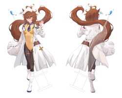 1girl absurdres agnes_tachyon_(umamusume) ahoge alternate_costume animal_ears black_pantyhose blue_necktie blush boots breasts coat commentary_request detached_collar full_body hair_between_eyes highres holding holding_syringe horse_ears horse_girl horse_tail leotard looking_at_viewer medium_breasts medium_hair messy_hair multiple_views nanaken_(qijian23092715) necktie open_clothes open_coat pantyhose red_eyes sidelocks simple_background smile stethoscope_around_neck syringe tail thigh_strap umamusume white_background white_boots white_coat yellow_leotard