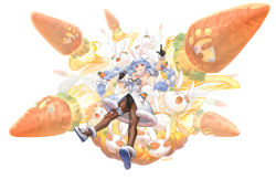 1girl animal_ear_fluff animal_ears ankle_garter b.c.n.y. black_gloves black_leotard black_pantyhose blue_hair braid breasts carrot_hair_ornament clothing_cutout coat coat_dress creature detached_sleeves dress extra_ears fine_fabric_emphasis food-themed_hair_ornament frilled_thigh_strap full_body fur-trimmed_coat fur-trimmed_gloves fur_trim gloves hair_ornament highres hikimayu holding holding_microphone hololive leotard leotard_under_clothes long_hair mary_janes microphone missile multicolored_hair pantyhose pekomon_(usada_pekora) playboy_bunny pointing pointing_up puffy_short_sleeves puffy_sleeves rabbit rabbit_ears rabbit_girl red_eyes scarf shiny_clothes shiny_legwear shoes short_eyebrows short_sleeves small_breasts solo strapless strapless_coat strapless_dress strapless_leotard swept_bangs thick_eyebrows thigh_strap twin_braids twintails two-tone_hair underboob_cutout usada_kensetsu usada_pekora usada_pekora_(1st_costume) virtual_youtuber white_coat white_hair white_scarf white_shoes white_sleeves