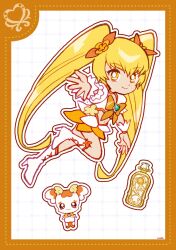 1girl blonde_hair boots border bottle bow bow_choker bowtie bright_pupils brooch choker closed_mouth cropped_shirt cure_sunshine deformed dot_nose dotted_line eyelashes flower flower_skirt footwear_flower frilled_sleeves frills full_body green_brooch grid_background hair_between_eyes hair_bow hair_flower hair_ornament happy heart heart_brooch heartcatch_precure! high_heel_boots high_heels highres jewelry knee_boots lace-up_boots leg_up long_hair looking_at_viewer magical_girl midriff miniskirt myoudouin_itsuki navel offering_hand orange_border orange_bow orange_bowtie orange_choker orange_skirt outline outstretched_hand perfume_bottle potpourri_(heartcatch_precure!) precure puffy_short_sleeves puffy_sleeves shirt short_sleeves signature skirt smile twintails two-tone_skirt uwded_207 very_long_hair white_background white_boots white_outline white_pupils white_shirt white_skirt white_wrist_cuffs wrist_cuffs yellow_eyes yellow_flower