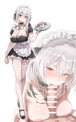 1boy 1girl absurdres apron bar_censor black_dress blush breasts censored cleavage closed_mouth collarbone_tattoo commentary completely_nude crossed_legs cup dot_nose dress fellatio frilled_apron frilled_sleeves frills full_body grey_hair hair_between_eyes hair_intakes hetero highres holding holding_tray large_breasts looking_at_viewer maid maid_apron maid_headdress navel nipples nose_blush nude oral original paizuri pingpangpongpang pov pov_crotch puffy_short_sleeves puffy_sleeves red_eyes short_hair short_sleeves simple_background standing symbol-only_commentary tattoo teacup thighhighs thighs tray waist_apron white_apron white_background white_headdress white_thighhighs zettai_ryouiki zoom_layer