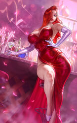Rule 34 | 1girl, alcohol, aleriia v, armpits, bottle, breasts, cleavage, cocktail dress, commentary, counter, cup, curvy, dress, drinking glass, dutch angle, earrings, elbow gloves, english commentary, eyeshadow, from below, glitter dress, gloves, green eyes, hair over one eye, hand on own hip, high heels, highres, jessica rabbit, jewelry, large breasts, lipstick, long hair, makeup, parted lips, patreon username, purple eyeshadow, purple gloves, red dress, red hair, red lips, shelf, side slit, signature, sitting, sleeveless, sleeveless dress, solo, stool, strapless, strapless dress, who framed roger rabbit, wine glass