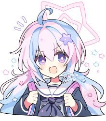 1girl :d ahoge backpack bag black_neckerchief black_shirt blue_archive blue_hair blush commentary cropped_torso dot_nose hair_between_eyes hair_ornament halo highres long_hair long_sleeves looking_at_viewer multicolored_hair neckerchief notice_lines open_mouth pink_hair pink_halo purple_eyes reisa_(blue_archive) sailor_collar school_uniform serafuku shirocha_tei shirt simple_background smile solo star_(symbol) star_hair_ornament star_halo two-tone_hair v-shaped_eyebrows white_background white_sailor_collar