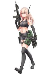 1girl absurdres assault_rifle barcode barcode_tattoo bike_shorts bra breasts elbow_gloves female_focus girls&#039;_frontline gloves grenade_launcher grey_bra grey_shorts gun highres holster jpc long_hair m4_carbine m4_sopmod_ii_(girls&#039;_frontline) medium_breasts multicolored_hair navel pink_hair pouch red_eyes red_hair rifle shorts shoulder_tattoo single_elbow_glove smile solo sports_bra streaked_hair tattoo thigh_holster thigh_pouch thighhighs underwear walking weapon white_background