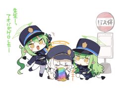 3girls aoba_(blue_archive) black_hat blonde_hair blue_archive blush chibi closed_eyes demon_girl demon_tail full_body green_hair hat hikari_(blue_archive) japanese_text long_hair multiple_girls nozomi_(blue_archive) pantyhose shorts tail taru_haru twintails twitter white_pantyhose yellow_eyes