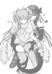2girls akemi_homura akuma_homura argyle_clothes argyle_thighhighs black_hair black_sleeves blush breasts detached_sleeves dress greyscale heart highres kaname_madoka large_breasts limited_palette lizard_tail long_hair looking_at_viewer looking_to_the_side mahou_shoujo_madoka_magica monochrome multiple_girls rawonireng simple_background sitting sitting_on_lap sitting_on_person smile tail tail_around_another&#039;s_leg tail_wrap ultimate_madoka white_background yuri