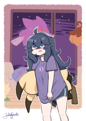 1girl @_@ ahoge artist_name black_hair blue_eyes character_doll commentary_request creatures_(company) crossed_bangs dolphin_shorts game_freak gen_1_pokemon gen_2_pokemon gen_6_pokemon gen_7_pokemon gengar hair_between_eyes hex_maniac_(pokemon) highres holding holding_stuffed_toy indoors john_(a2556349) long_hair mega_stone messy_hair mimikyu misdreavus nintendo open_mouth pokemon pokemon_(creature) pokemon_xy pumpkaboo purple_shirt shirt shorts stuffed_toy very_long_hair window