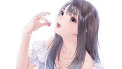1girl absurdres bare_shoulders black_hair blue_reflection_(series) blue_reflection_sun candy dress food grey_eyes highres holding holding_candy holding_food kishida_mel long_hair looking_at_viewer off-shoulder_dress off_shoulder open_mouth simple_background solo teeth upper_body white_background white_day white_dress xiao_meiqi