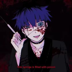 1boy animated black_background black_hair blood blood_on_clothes blood_on_face blue_eyes ear_piercing earrings english_text eyepatch face_piercing hair_between_eyes holding holding_needle ikigusare jewelry lip_piercing looking_at_viewer male_focus multicolored_hair needle omokage_yugamu one_eye_covered piercing red_background solo solo_focus subtitled tagme teeth the_hundred_line_-last_defense_academy- tongue video