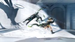 1girl 1other arknights doctor_(arknights) game_cg green_hair highres long_sleeves mon3tr_(arknights) non-web_source running