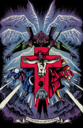 adam_rufino bident black_hair black_pants collared_shirt crack cropped_legs cross crucifixion emphasis_lines english_text eva_00 eva_01 eva_02 extra_eyes from_behind highres horns humanoid_robot ikari_shinji lance_of_longinus_(evangelion) lilith_(evangelion) mecha multiple_wings neon_genesis_evangelion outstretched_arms pants polearm profile red_cross retro_artstyle robot shirt short_hair short_sleeves single_horn spread_arms white_wings wings