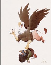 1boy baddieholly beard brown_hair dungeon_meshi dwarf facial_hair fake_horns griffin happy helmet highres holding horned_helmet horns long_beard male_focus mustache sad senshi_(dungeon_meshi) tears thick_mustache toon_(style) very_long_beard waving white_background