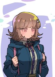 1girl absurdres breasts brown_hair collared_shirt danganronpa_(series) danganronpa_2:_goodbye_despair flipped_hair hair_ornament highres hood jacket long_sleeves medium_hair nanami_chiaki neck_ribbon open_clothes open_jacket pink_eyes pink_ribbon ribbon shirt solo spaceship_hair_ornament upper_body white_shirt youko-shima