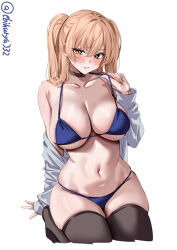 1girl alternate_breast_size artist_name bare_shoulders bikini black_choker black_thighhighs blonde_hair blue_bikini blush breasts choker cleavage closed_mouth collarbone commentary_request cropped_legs ebifurya hair_between_eyes hair_intakes hand_up highres johnston_(kancolle) kantai_collection large_breasts light_frown long_hair long_sleeves looking_at_viewer navel off_shoulder one-hour_drawing_challenge sidelocks simple_background skindentation solo swimsuit thighhighs thighs twitter_username two_side_up underboob white_background