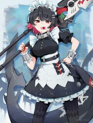 1girl biting black_pantyhose candy colored_inner_hair ellen_joe fins fish_tail food frilled_wristband holding holding_weapon lollipop looking_at_viewer maid maid_headdress metal_hairband mole mole_under_eye multicolored_hair open_mouth pantyhose razor_blade_hair_ornament red_eyes red_nails scar scar_on_tail shark_girl shark_tail skyvixie solo spiked_headband tail weapon zenless_zone_zero
