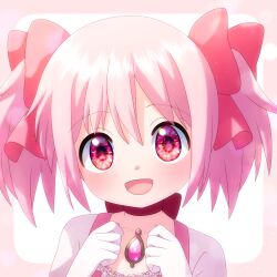 1girl absurdres border bow bow_choker chest_jewel choker clenched_hands collarbone commentary commentary_request dot_nose dress frilled_dress frills gem gloves hair_between_eyes hair_bow happy highres kaname_madoka katsuonoeboebo light_blush light_particles magical_girl mahou_shoujo_madoka_magica mahou_shoujo_madoka_magica_(anime) open_mouth outside_border pink_border pink_bow pink_dress pink_eyes pink_gemstone pink_hair puffy_short_sleeves puffy_sleeves red_bow red_choker short_hair short_sleeves short_twintails smile solo square_neckline tareme twintails upper_body white_background white_gloves white_sleeves