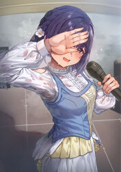 1girl absurdres blush commentary_request gakuen_idolmaster hataya_misuzu highres holding holding_microphone idolmaster long_sleeves microphone mole mole_under_mouth one_eye_covered purple_hair shirt smile solo sweaty_clothes wari_sando white_shirt