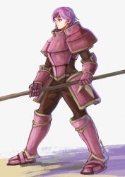1girl absurdres armor fire_emblem fire_emblem:_the_binding_blade full_body gwendolyn_(fire_emblem) headband highres holding holding_polearm holding_weapon liu_(naiqin) looking_to_the_side nintendo pink_armor pink_eyes pink_hair polearm red_headband solo weapon