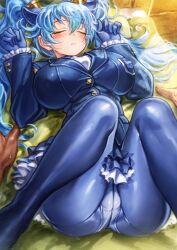 1girl absurdres animal_ears ass blue_eyes blue_hair blue_pantyhose blue_suit blush breasts cameltoe dragon_ears dragon_girl extra_ears formal_clothes gloves hair_between_eyes highres huge_breasts jacket japari_symbol japari_symbol_print kemono_friends kemono_friends_3 long_hair long_sleeves lying necktie on_back on_bed open_mouth oyu_udon panties panties_under_pantyhose pantyhose pov pov_hands seiryuu_(kemono_friends) shirt skirt sleeping suit thighs twintails underwear upskirt