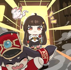 :3 absurdres arm_at_side blunt_bangs blush_stickers brown_hair chibi closed_mouth colored_extremities colored_skin detached_sleeves dress fuyuan_(honkai:_star_rail) gameplay_mechanics gradient_skin hair_ornament hair_stick highres honkai:_star_rail honkai_(series) lingsha_(honkai:_star_rail) long_hair looking_at_viewer multicolored_skin ooyun pom-pom_(honkai:_star_rail) red_feet red_hands red_skin smile standing straight-on v