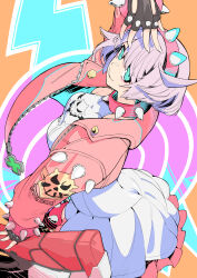 1girl absurdres aqua_eyes boots choker colorful dress dynamic_pose elphelt_valentine fingerless_gloves from_above gloves guilty_gear guilty_gear_strive hand_up highres jacket leg_armor looking_at_viewer patterned_background pink_hair pink_jacket red_boots short_hair sleeveless sleeveless_dress smile solo spiked_choker spiked_headband spikes tetsu_booya white_dress