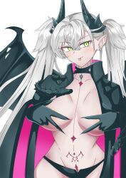 1girl black_cape blush breasts cape collarbone demon_horns fate/grand_order fate_(series) green_eyes highres horns large_breasts lilith_(fate) lilith_(second_ascension)_(fate) looking_at_viewer maru_hien navel panties pubic_tattoo solo tattoo tongue tongue_out twintails underwear v white_hair wings