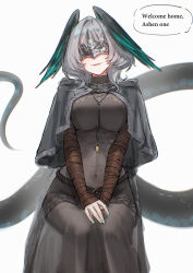 Rule 34 | 1girl, absurdres, arknights, black capelet, black dress, black skirt, breasts, capelet, cosplay, covered eyes, covered navel, dark souls (series), dark souls iii, dress, english text, eye mask, facing viewer, fangs, feathered wings, fire keeper, fire keeper (cosplay), grey hair, head wings, highres, ho&#039;olheyak (arknights), jewelry, long tail, mask, medium hair, necklace, parted lips, simple background, sitting, skirt, snake tail, solo, speech bubble, tail, uof, white background, wings