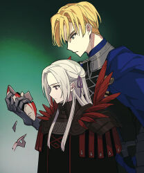 arm_guards armor behind_another blonde_hair blue_capelet blue_eyes broken broken_mask capelet closed_mouth commentary_request couple dimitri_alexandre_blaiddyd edelgard_von_hresvelg feathers fire_emblem fire_emblem:_three_houses flame_emperor from_side garreg_mach_monastery_uniform gloves gradient_background green_background hair_between_eyes hair_ribbon highres holding holding_mask ikaikakka long_hair long_sleeves looking_at_object looking_down mask military_uniform nintendo parted_bangs purple_eyes purple_ribbon ribbon shade short_hair shoulder_armor spoilers standing unworn_mask white_hair