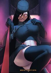 1girl absurdres black_hair breasts english_text glowing glowing_eyes hand_on_own_chest hat highres large_breasts leash lewdicy long_hair looking_at_viewer naughty_face nose_piercing nose_ring original piercing pink_eyes skirt solo thighs