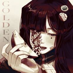 apple blunt_bangs eyepatch food fruit guro highres holding holding_food limbus_company maggot medical_eyepatch mipoyos monochrome open_mouth portrait project_moon red_hair worm yuri_(project_moon)