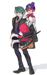 1boy 1girl a_udonkue absurdres amate_yuzuriha aqua_eyes axe battle_axe beanie beard carrying carrying_person challia_bull child_carry collared_shirt facial_hair full_body glasses gloves green_eyes green_hair gundam gundam_gquuuuuux hat heat_hawk highres holding holding_axe jacket long_sleeves mecha_pilot_suit mustache necktie pants pom_pom_(clothes) pom_pom_beanie red_hair shadow shirt shoes short_hair simple_background standing weapon white_background