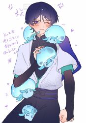 1boy anger_vein annoyed aqua_kimono aqua_sleeves arm_at_side belt black_belt black_bodysuit black_bow black_bridal_gauntlets black_shorts blunt_ends blush bodysuit bow bridal_gauntlets cape cowboy_shot creature creature_in_clothes creature_on_lap creature_on_shoulder fungi_(genshin_impact) genshin_impact hand_up heart highres holding holding_creature japanese_clothes juban kimono layered_sleeves looking_at_creature male_focus mandarin_collar nero_hanken on_shoulder one_eye_closed open_clothes open_kimono open_mouth purple_cape purple_eyes purple_hair purple_sash sash scaramouche_(genshin_impact) short_sleeves shorts sketch translation_request tsurime wanderer_(genshin_impact) watermark white_background white_kimono white_sleeves wispy_bangs