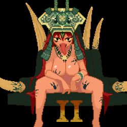 1girl aztec black_background bodypaint bracelet breasts convenient_arm convenient_censoring convenient_hand facepaint facing_viewer feet_out_of_frame frog_girl garaetteok gender_request genderswap genderswap_(otf) handprint headdress humanization jewelry large_breasts lizardman_(warhammer_fantasy) long_hair long_tongue looking_at_viewer lowres maya_(culture) mazdamundi medium_breasts necklace nude personification pixel_art red_hair roman_numeral shiny_skin simple_background sitting slann slit_pupils solo spread_legs throne tongue tongue_out tribal very_long_hair warhammer_fantasy yellow_eyes