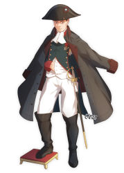 1boy bicorne black_boots black_hat black_jacket black_vest blouse boots brown_eyes closed_mouth coreytaiyo dated full_body hand_under_clothes hand_under_shirt hat highres jacket jacket_on_shoulders knee_boots long_sleeves male_focus military military_uniform original pants pants_tucked_in sheath sheathed shirt signature simple_background solo standing sword thick_eyebrows twitter_username v-shaped_eyebrows vest weapon white_background white_neckwear white_pants white_shirt
