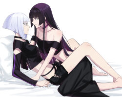 Rule 34 | 2girls, aoki shizumi, assertive female, bare shoulders, barefoot, bed sheet, black choker, black shirt, black shorts, black skirt, blunt bangs, blunt ends, breasts, choker, cleavage, clenched teeth, closed mouth, clothing cutout, crop top, cross-laced clothes, cross-laced shorts, eye contact, face-to-face, feet, grey hair, hashtag-only commentary, highres, kurogane otoha, large breasts, long hair, long skirt, long sleeves, looking at another, multiple girls, off-shoulder shirt, off shoulder, pillow, profile, purple choker, purple eyes, purple hair, reclining, rock wa lady no tashinami deshite, sheet grab, shiraya tamaki, shirt, short hair, short shorts, shorts, simple background, skirt, small sweatdrop, teeth, thick eyelashes, toes, very long hair, white background, yuri