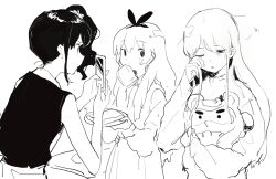 3girls absurdres aikatsu! aikatsu!_(series) bad_id bad_twitter_id closed_mouth cowboy_shot greyscale hand_up highres holding holding_stuffed_toy hoshimiya_ichigo inactive_account kiriya_aoi long_hair long_sleeves looking_at_another monochrome mouth_hold multiple_girls one_eye_closed rubbing_eyes shibuki_ran simple_background sleepwear sleepy soleil_(aikatsu!) standing stuffed_toy suiso_(owp) taking_picture white_background