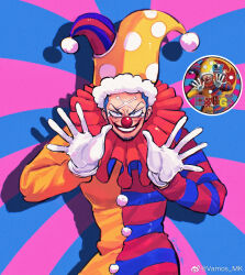 1boy blue_hair buggy_the_clown clown_nose drop_shadow facepaint facial_hair gloves goatee grin hat highres jester_cap jester_costume looking_at_viewer male_focus neck_ruff one_piece polka_dot_headwear reference_inset smile solo sunburst sunburst_background vamos_mk white_gloves