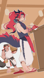 Rule 34 | 2boys, absurdres, animal ears, arknights, bamboo steamer, barefoot, belly, black headband, chinese commentary, closed eyes, commentary request, dog boy, dog ears, dragon boy, dragon ears, dragon tail, earrings, fat, fat man, flip-flops, headband, highres, holding bamboo steamer, jewelry, lanyan yao chuan shan, lao jiang (arknights), male focus, multicolored hair, multiple boys, pants, pointy ears, sandals, shirt, sleeveless, sleeveless shirt, tail, tearing up, watermark, weibo watermark, white pants, white shirt, yu (arknights)